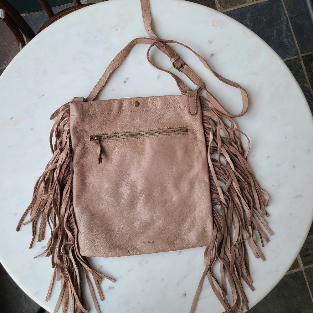 Lucky Brand Taupe/Grey Leather Fringe Crossbody Handbag